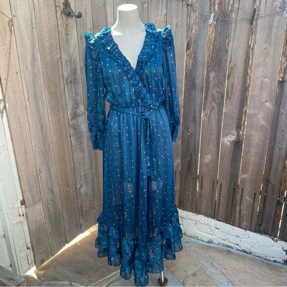 Misa Gabriella Ruffle Midi Dress Holiday Teal Size XS - Picture 12 of 16